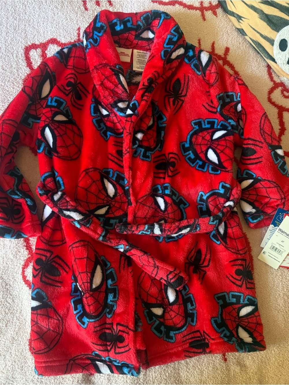Spiderman Red Plush Shawl-Collar Kids Robe with Blue & Black Accents